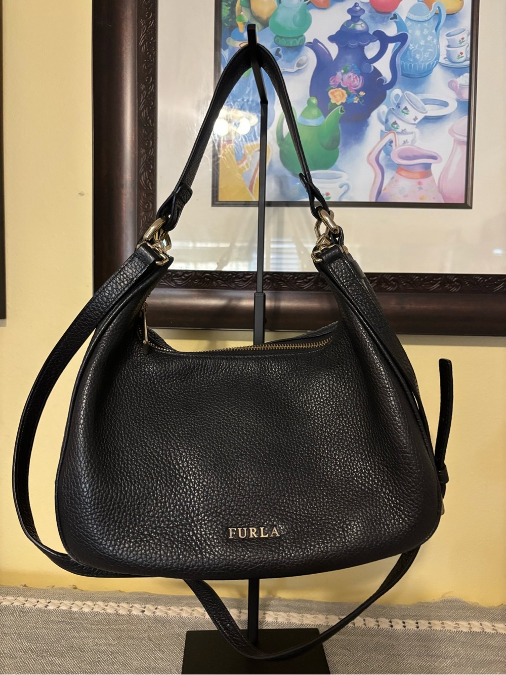 Furla Black Pebbled Leather Shoulder Bag with Gold Hardware